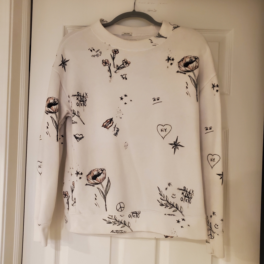 Abercrombie & Fitch White Crewneck Sweatshirt with Floral & Sketch Print